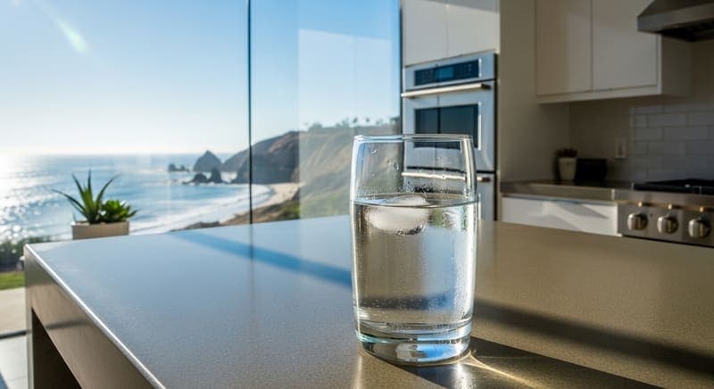 A glass of clean filtered water on a Baja kitchen counter