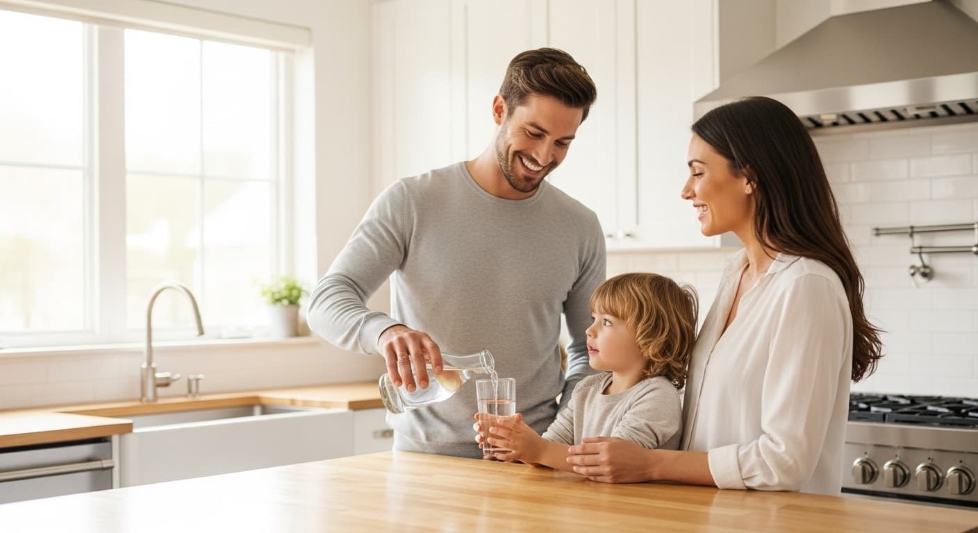Family enjoying clean filtered water in their Baja kitchen