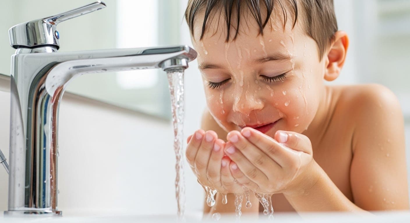 A child washing his face with clean filtered tap water