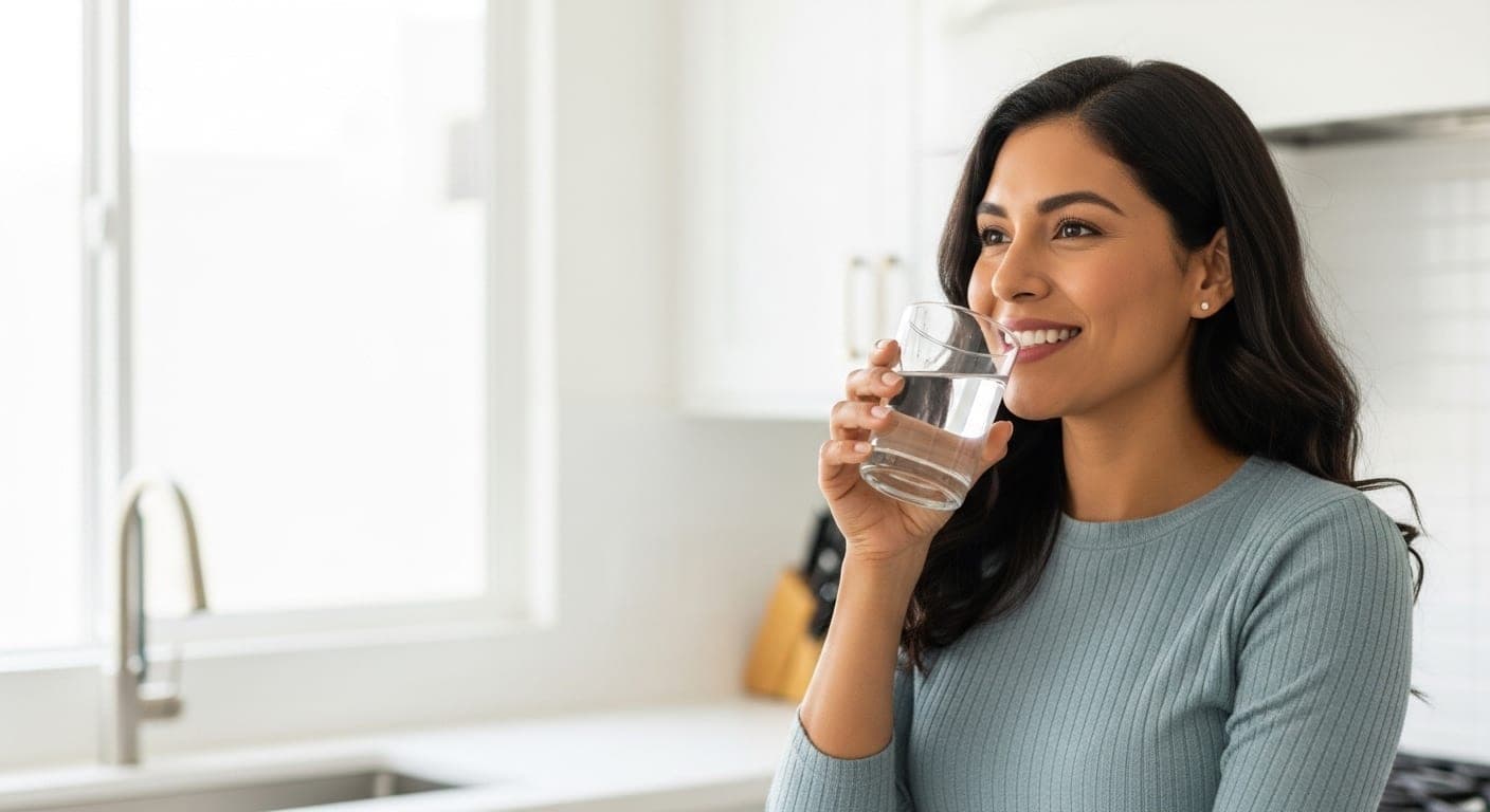 Woman drinking clean filtered water in a Baja kitchen