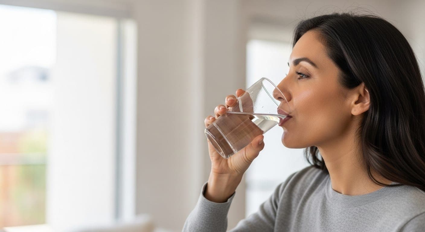 Woman drinking clean filtered water in a Baja kitchen
